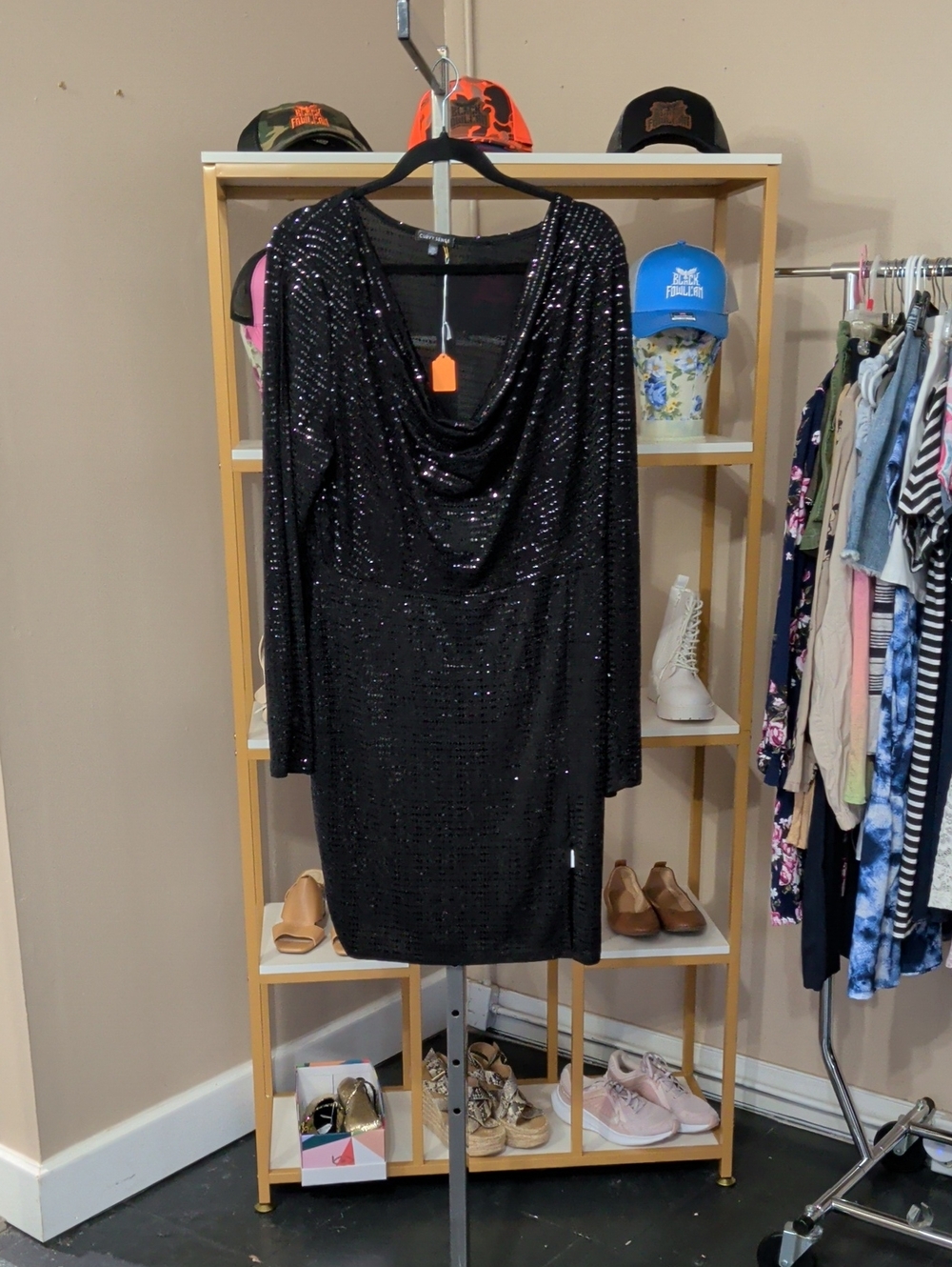 Black Sequin Draped Neck Long Sleeve Dress